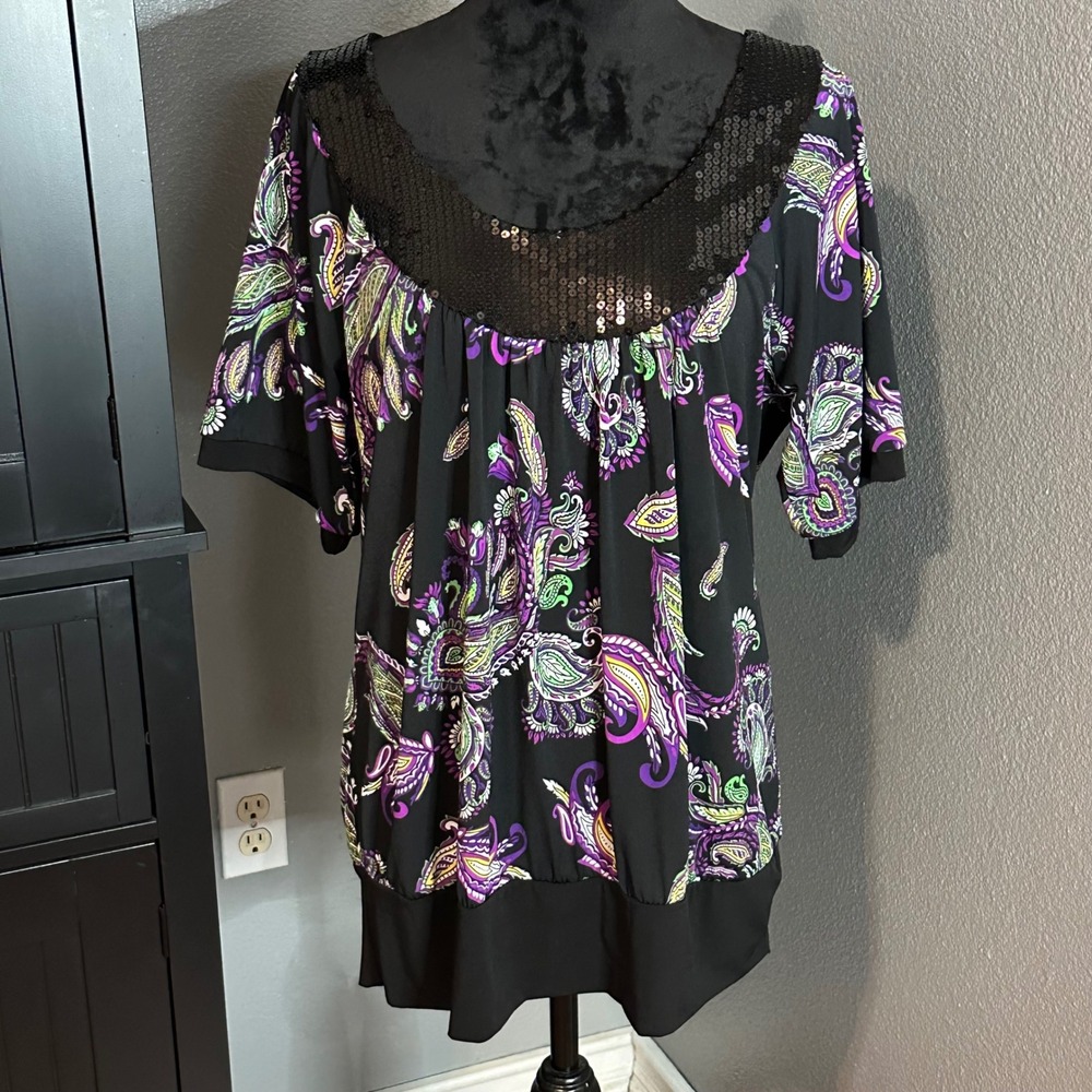 Candy Rain Blouse 1X Plus Paisley Sequin Flowy Chiffon Artsy Chic Statement Top